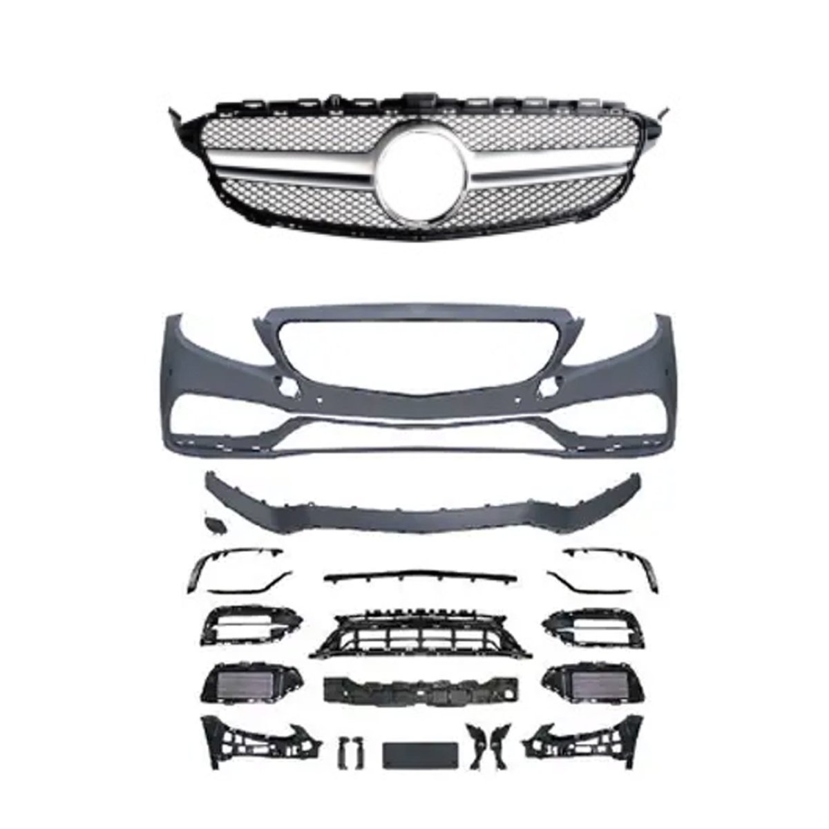 Mercedes C Class W205 Grille + Front Bumper Assy Kit - Omac - AMG - Silver - '15-'21 Mercedes C Class W205 Grille + Front Bumper Assy Kit - Omac - AMG - Silver - '15-'21